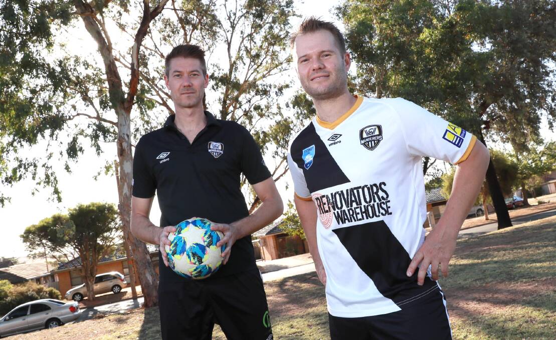 READY: Wagga City Wanderers goalkeeper Robert Fry with fellow co-captain Carl Pideski. Picture: Les Smith