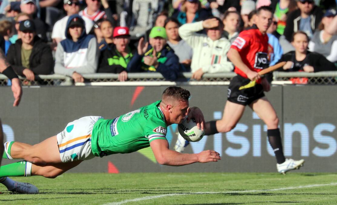 WAGGA WIN: Canberra Raiders star Jack Wighton scores a try during his team's win over Penrith at Equex Centre this year. Picture: Les Smith
