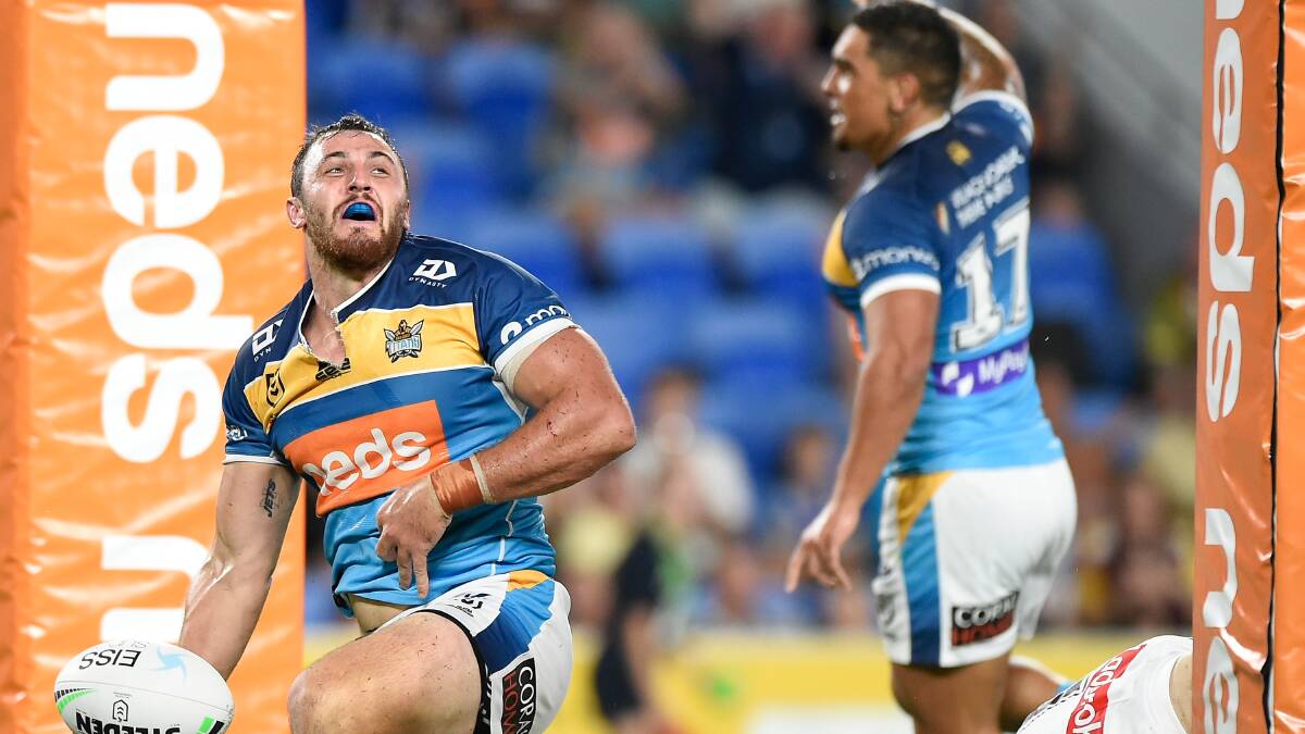 PROVING HIMSELF: Jaimin Jolliffe celebrates scoring his sole NRL try in round two this year. Picture: Getty Images 