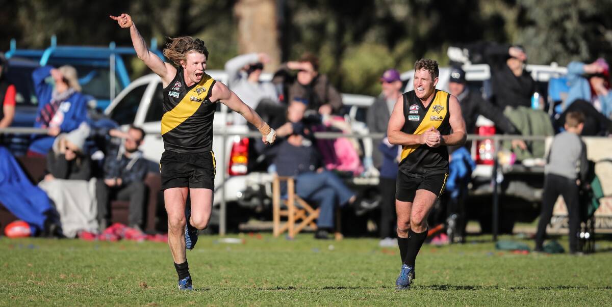 SIGNING COUP: Osborne forward George Alexander, pictured celebrating Osborne's Hume League grand final win in 2017, has signed with GGGM. Picture: The Border Mail