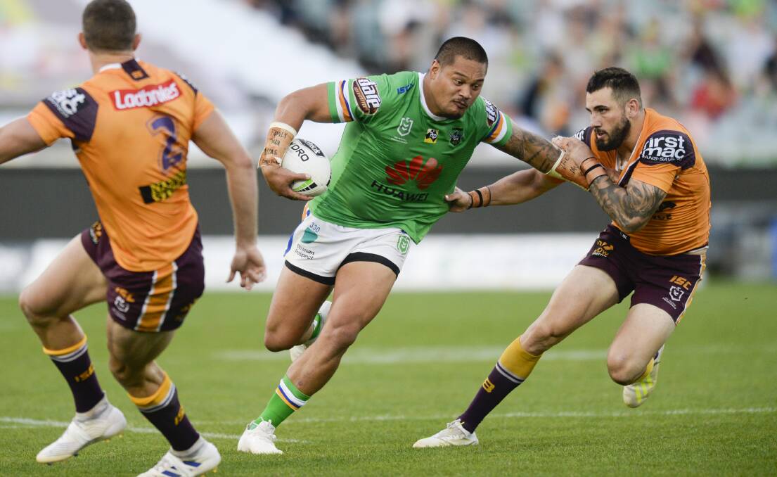 Joey Leilua in action for Canberra against Brisbane in round six. Picture: AAP Image/Rohan Thomson