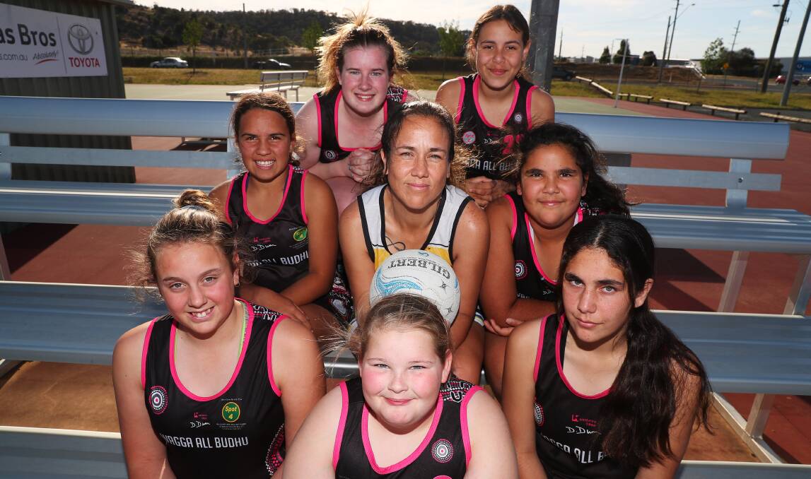 REPS: Coach Bettina Goolagong with players (clockwise from front centre) Monique Dennis, Kaelani Goolagong, Tamsyn Goolagong, Gabby Fellows, Chloe Clark, Kyesha Miller and Indiannah Johnson. Picture: Emma Hillier