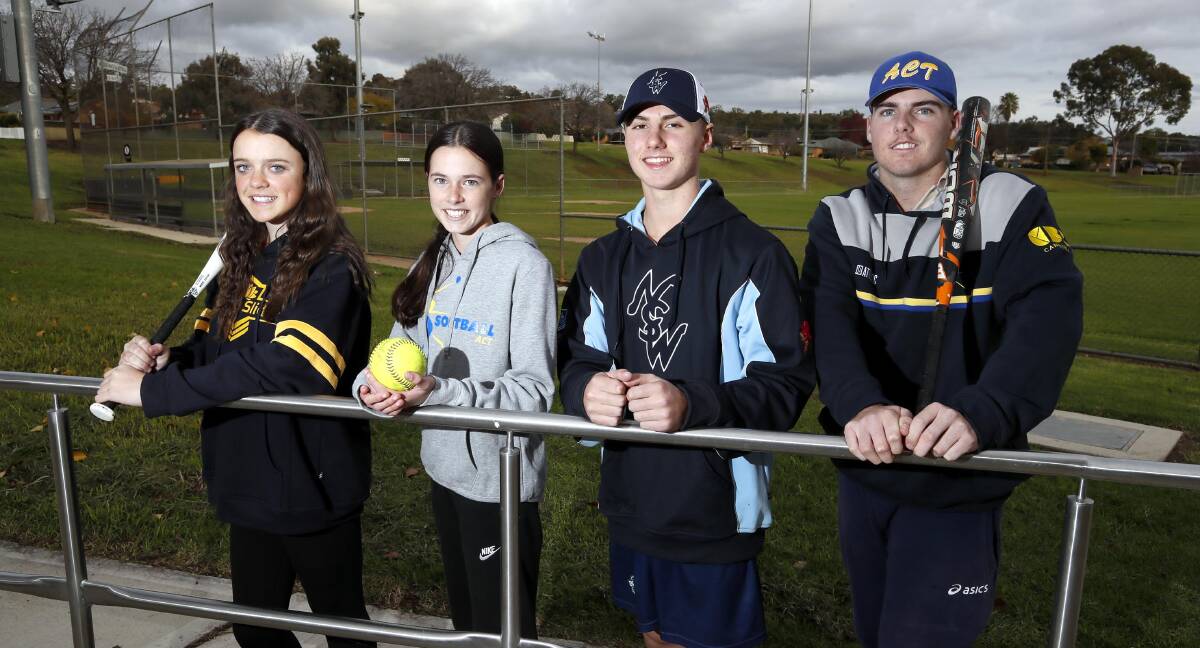 GREEN AND GOLD: Wagga softballers Ava Weir, Alex Maiden, Austin Gooden and Todd Maiden have been chosen in Australian squads. Picture: Les Smith