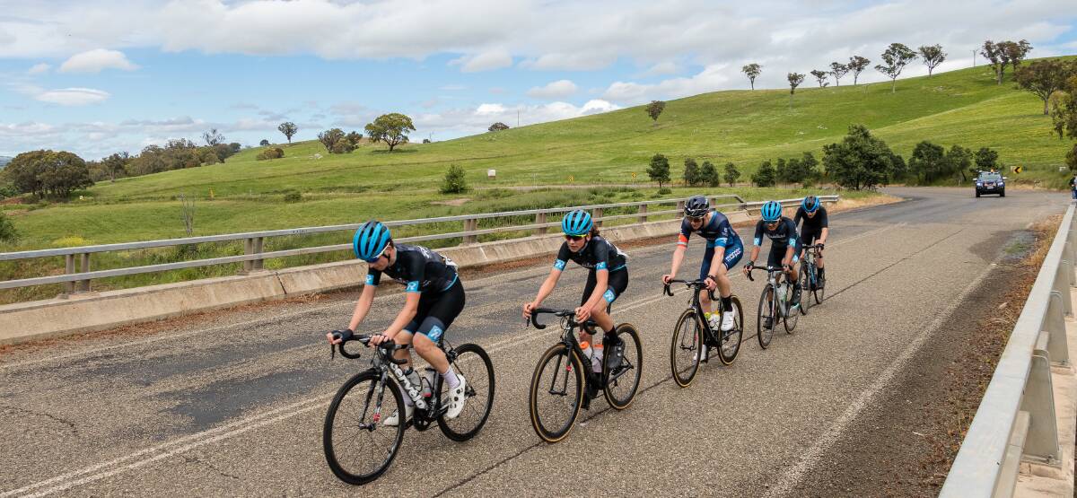 PODIUM FINISH: Wagga's Zac Barnhill (second from left) finished second in the road race at the weekend's state titles at Gunning. Picture: Ryan Miu/Cycling NSW