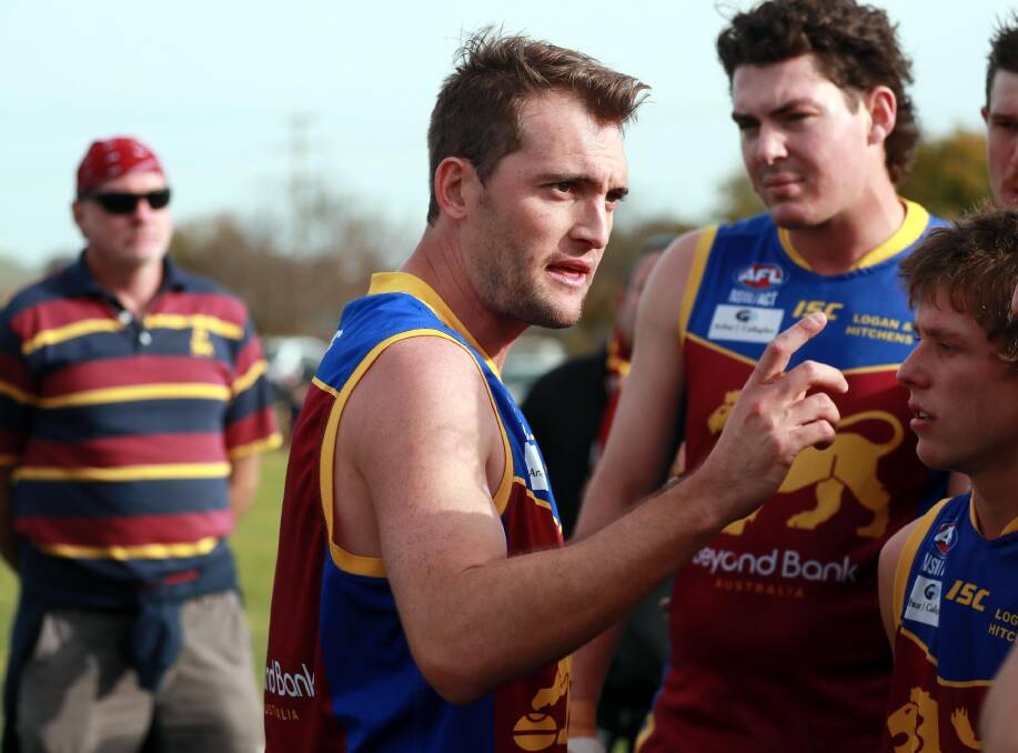 DREAM START: Ganmain-Grong Grong-Matong coach Sam Martyn lays down the law to his players during last week's big win over Coolamon. Picture: Les Smith