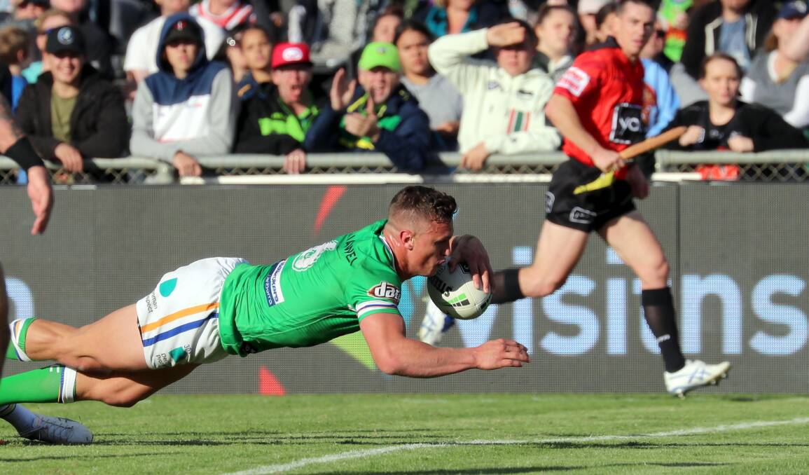 IMMINENT RETURN?: Reigning Clive Churchill medalist Jack Wighton scores a try for Canberra during their win over Penrith at Wagga last year. Picture: Les Smith