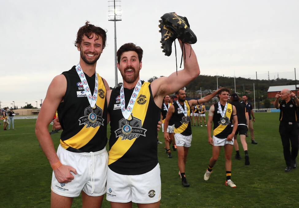 YOU BEAUTY: Brad Graham and Angus Durnan celebrate Wagga Tigers' grand final win. Picture: Les Smith