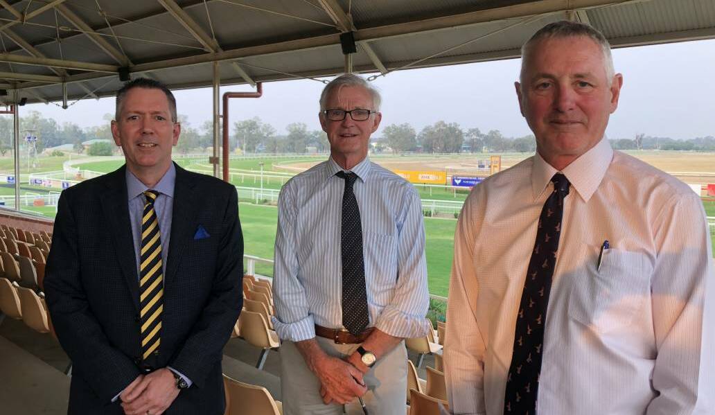 MEMORABLE WIN: Murrumbidgee Turf Club president Geoff Harrison (right) is part of Room Number's ownership group. The mare won at big odds at Randwick on Saturday. Picture: Matt Malone