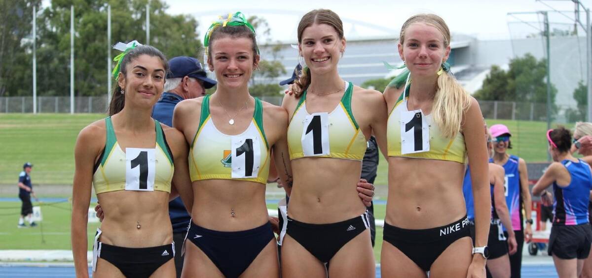 RECORD BREAKERS: Leyla Liakatos (left) with teammates after breaking the national under-20 1500m relay record. 