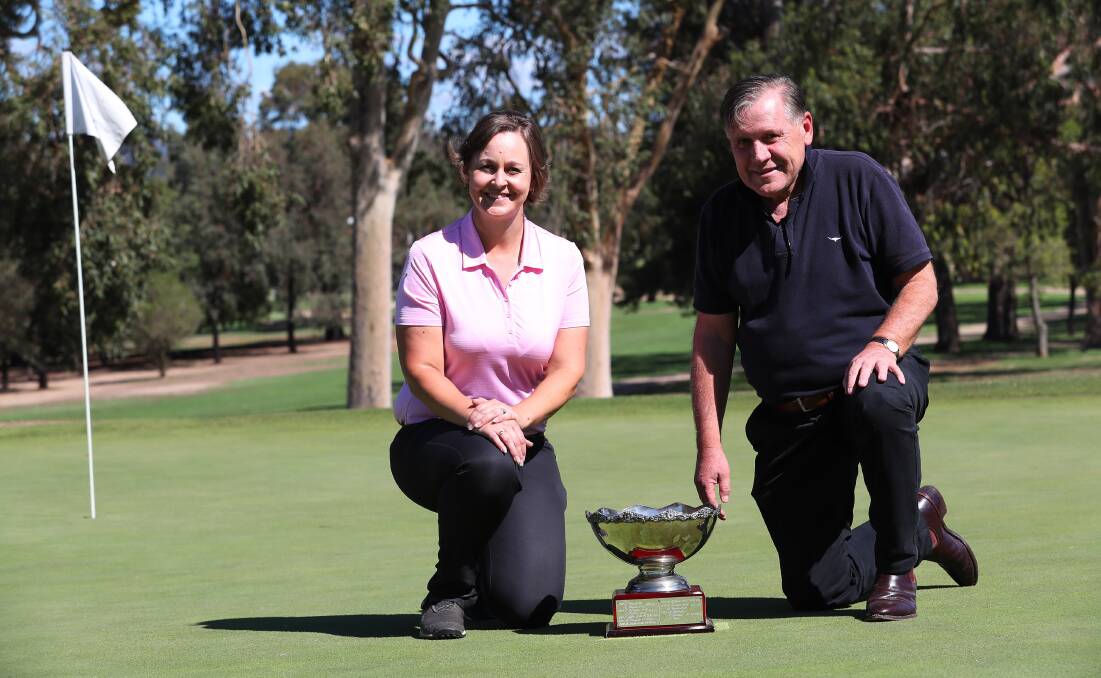 POSTPONED: Wagga Country Club head professional Tegan Purcell with Wagga Pro-Am chairman Ashley Briggs on Tuesday after the event was postponed. Picture: Emma Hillier