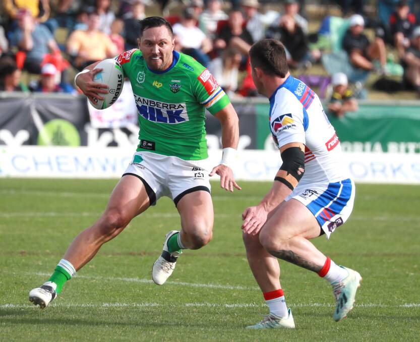 ANOTHER LOSS: Canberra winger Jordan Rapana takes on a Newcastle defender during Saturday's 24-16 defeat at Wagga. Picture: Les Smith