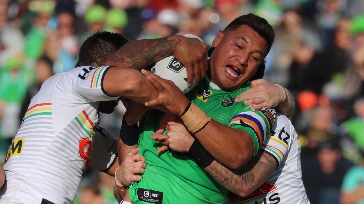 BACK IN TOWN: Canberra's Josh Papalii takes a hit up during the Raiders' win over Penrith at Wagga in 2019. Picture: Les Smith