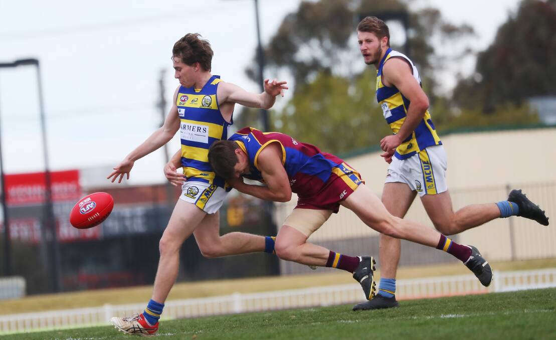 BEST AND FAIREST: Ethan Schiller gets a kick away for Mangoplah-Cookardinia United-Eastlakes. Picture: Emma Hillier