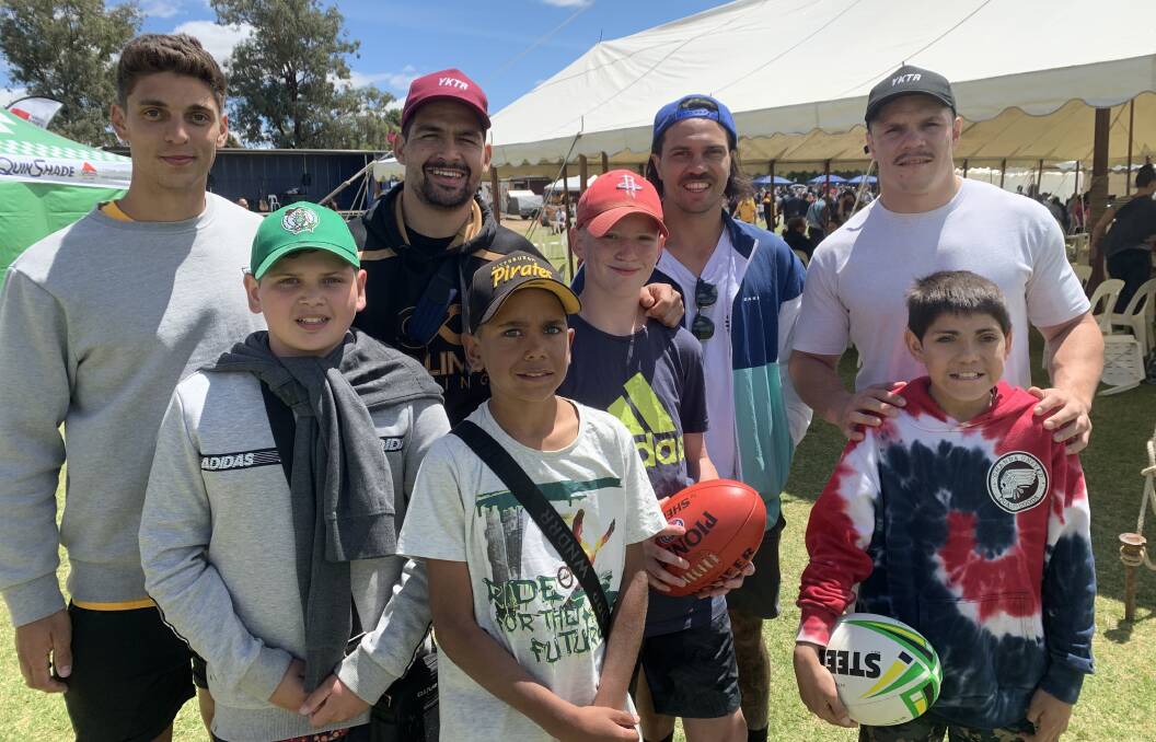 WAGGA VISIT: Locals Jakai Malcolm, Bryce Murphy, Sonny Malcolm and Martin McKenzie catch up with NRL and AFL stars Sean Lemmens, Cody Walker, Allen Christensen and James Roberts at Sunday's Yandarra Festival.