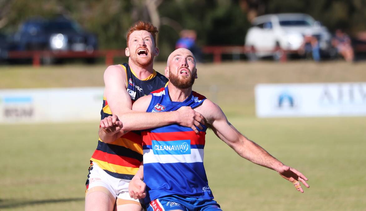 TOUCH AND GO: Turvey Park ruckman (right) may miss a big ruck clash with Ganmain-Grong Grong-Matong's Jacob Olsson this week. Picture: Emma Hillier 
