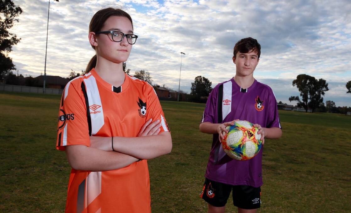 CROWS FLY: Wagga United siblings Matayah Gibbons, 11 and Blake Gibbons, 14. Picture: Les Smith 