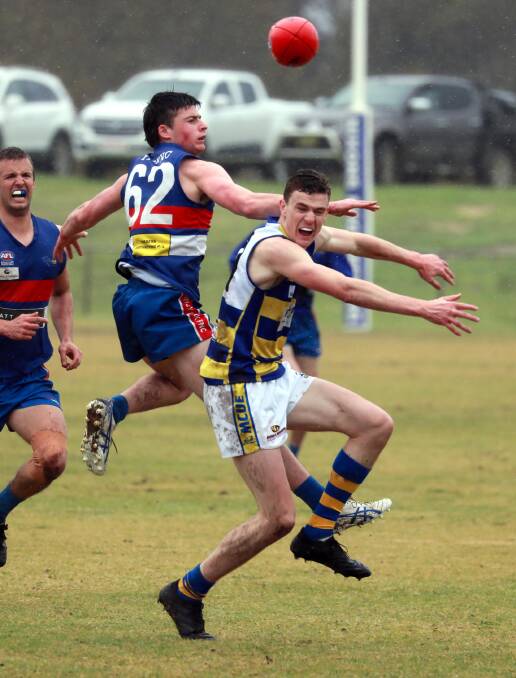 DEFENCE: Turvey Park's Will O'Connor makes a spoil over MCUE's James Scott in 2020. Picture: Les Smith