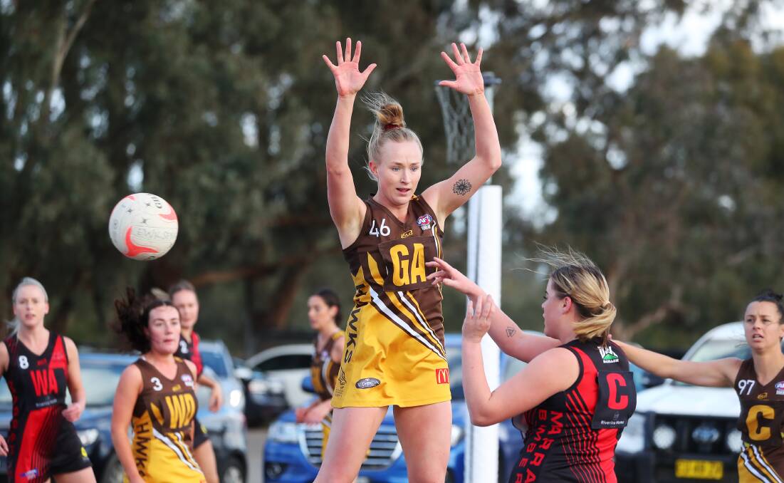 CLIFFHANGER: East-Wagga Kooringals' Karen Lindner puts pressure on a Marrar opponent during Saturday's two-goal loss. Picture: Emma Hillier