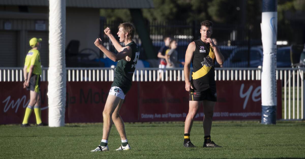 YOU BEAUTY: Coolamon's Hugh Wakefield celebrates his crucial late goal in Saturday's win over Wagga Tigers. Picture: Madeline Begley 