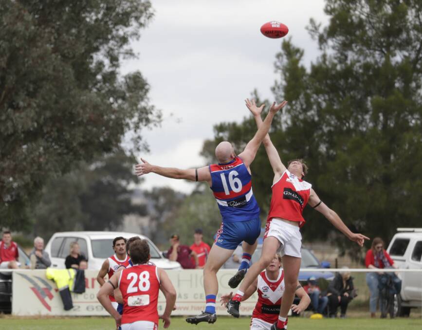 FIRST-UP LOSS: Turvey Park's Shaun Allan and Collingullie-Glenfield Park's Monty Inglis do battle in the ruck on Saturday. Picture: Madeline Begley 