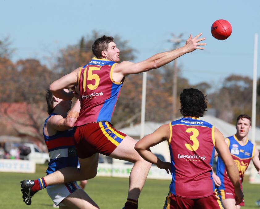 TOO GOOD: Ganmain-Grong Grong-Matong ruckman Jacob Olsson leaps for the ball during his team's big win over Turvey Park. Picture: Les Smith 