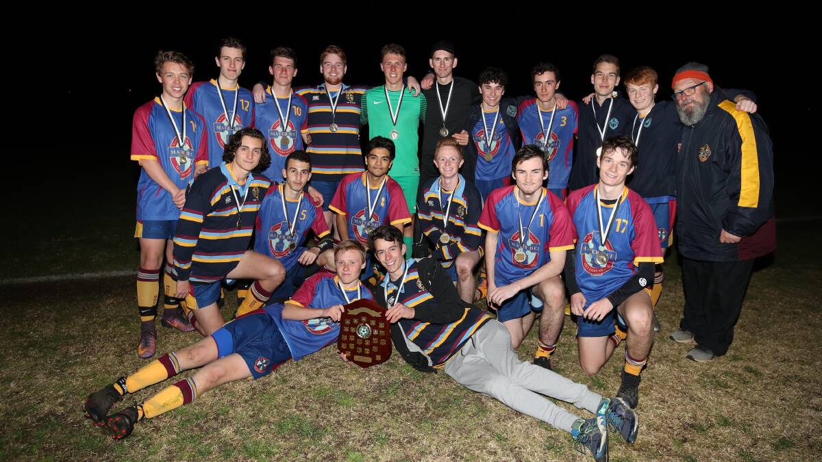 BACK-TO-BACK: Mater Dei Catholic College celebrates defending their Creed Shield title with a 3-1 final win over Wagga High on Wednesday night. Picture: Les Smith