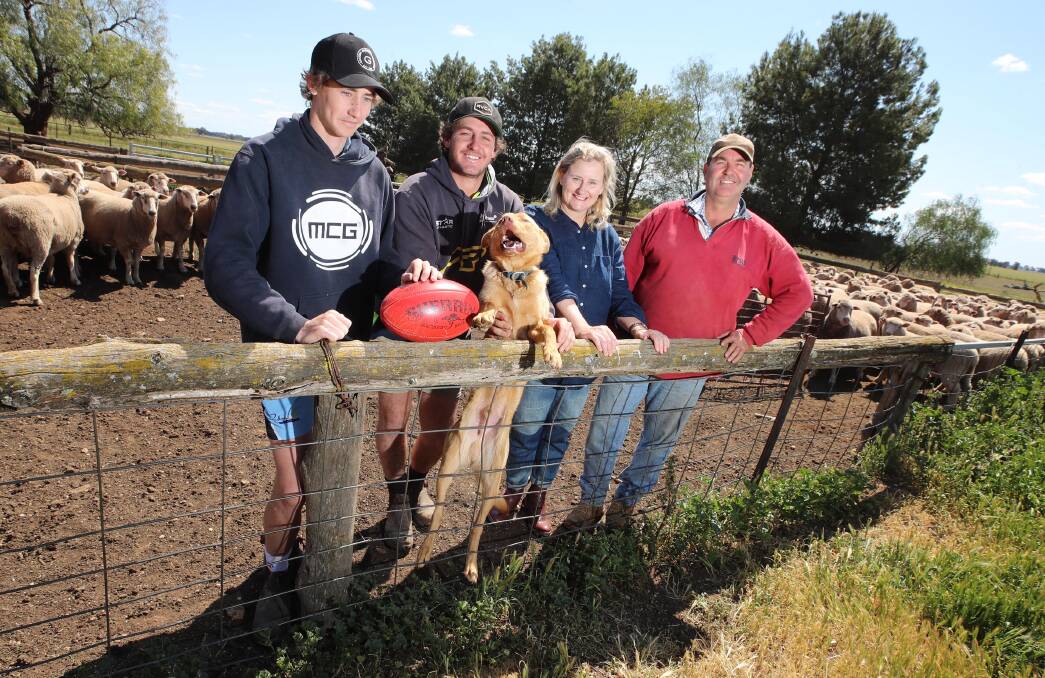 STAYING AWAY: Harry Perryman's Brothers Ed, 19, Nick, 22, and parents Liz and Max at their Collingullie farm before last year's grand final. Picture: Les Smith

