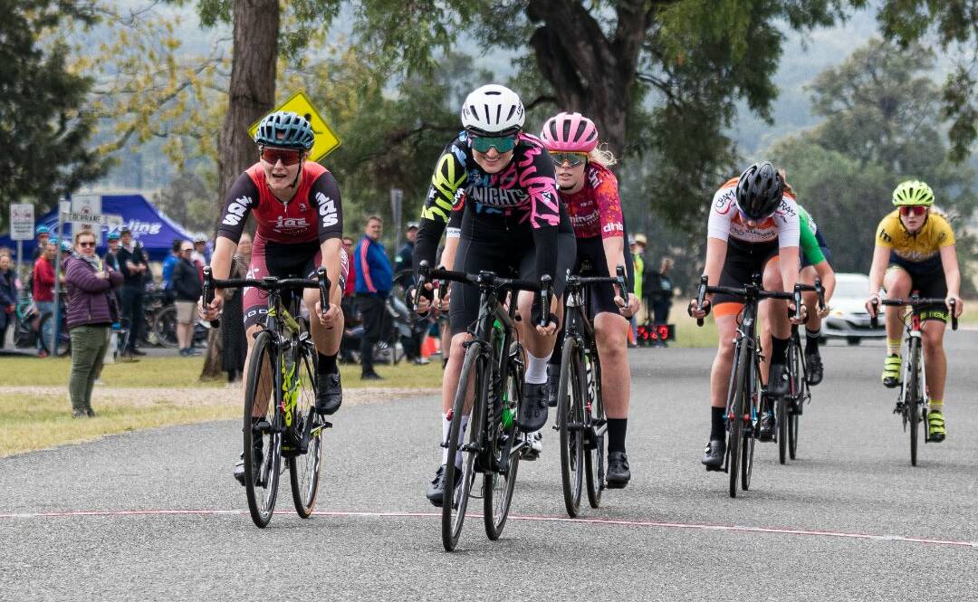BACK-TO-BACK: Rebel Brooker on her way to defending her under-19 state criterium title at Broke on Sunday. Picture: Ryan Miu/Cycling NSW