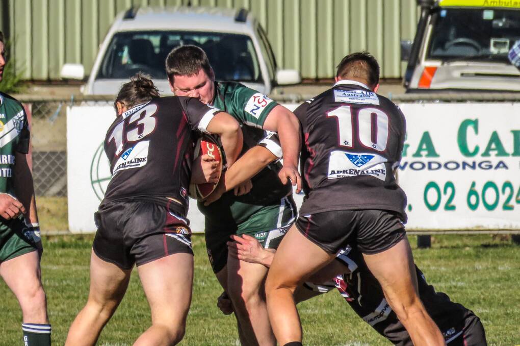 ENFORCER: Tumbarumba forward Zach Richards takes a hit-up against Charles Sturt University earlier this season. Picture: Wendy Lavis