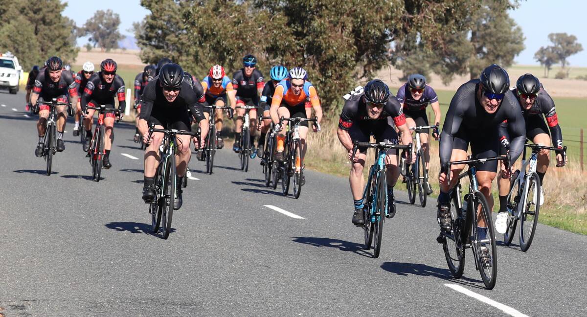 BACK-TO-BACK: Tolland Cycling Club's Peter Treloar holds off the chasing pack to defend his Butch Menz Memorial title at Collingullie on Sunday. Picture: Les Smith.
