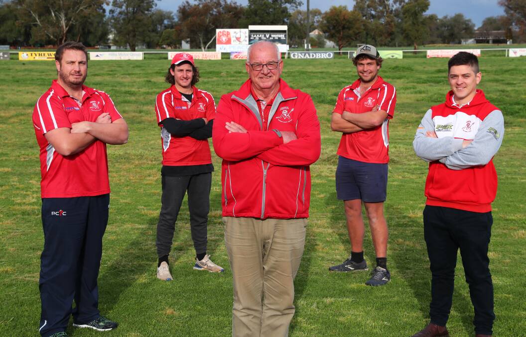 LEADERSHIP: Collingullie-Glenfield Park coach (left) and president Tony Dean (centre) with assistant coaches (from left) Nick Perryman, Jayden Klemke and Daniel Frawley. Picture: Emma Hillier