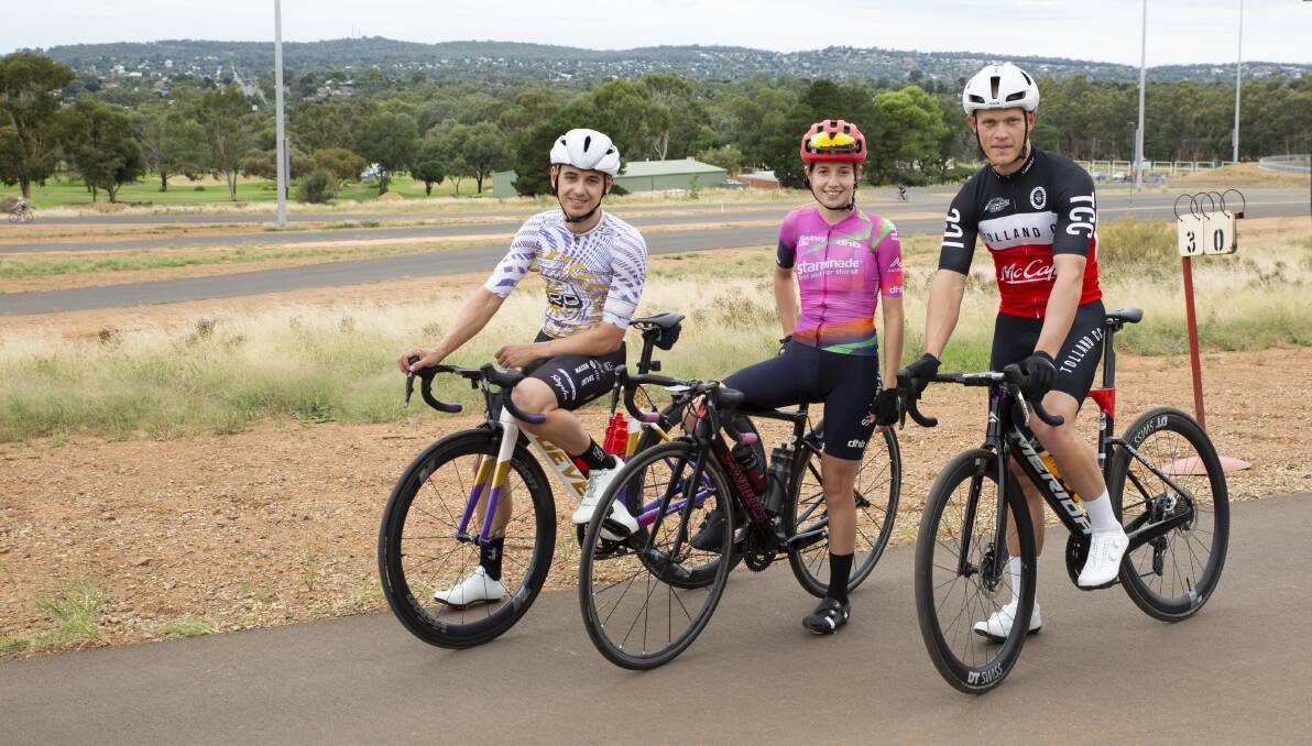 CHRISTENING: Tolland Cycling Club talents Myles Stewart, Bronte Stewart and Sean Smith tested out Wagga Multisport Cycling Complex's new criterium track on Tuesday. Picture: Madeline Begley 
