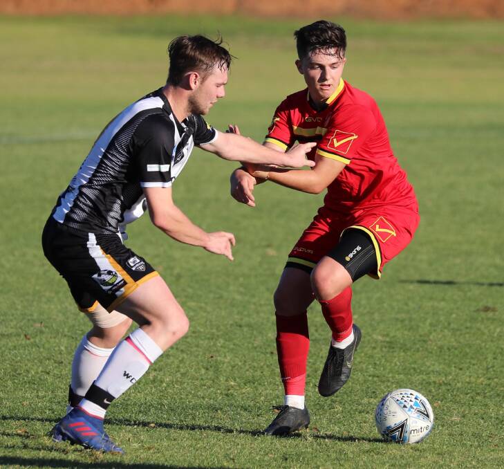 LAST CHANCE: Wagga City Wanderers attacker Jake Ploenges (left) concedes his team needs to go on a run to make finals. Picture: Les Smith