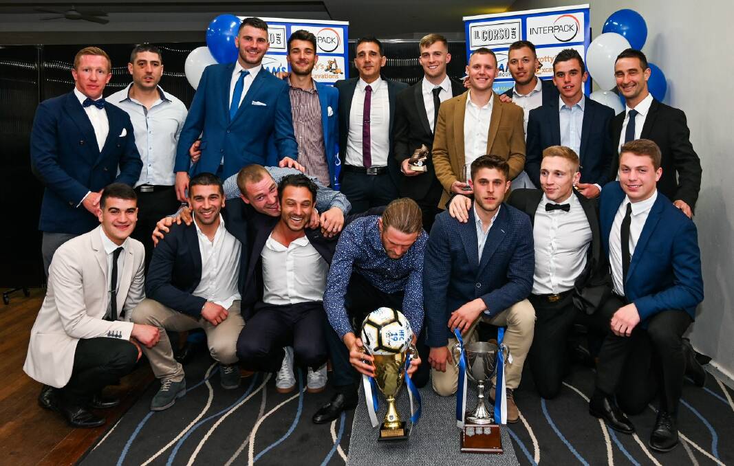 MISSION ACCOMPLISHED: Hanwood FC's premiership-winning men's team at last week's club presentation night. 