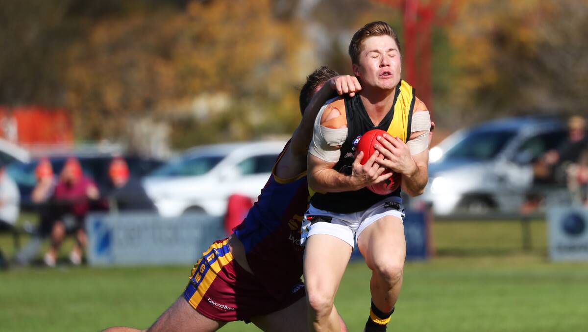 WAIT AND SEE: Wagga Tigers' Albury recruit Jake Gaynor takes a mark against Ganmain-Grong Grong-Matong earlier this year. Picture: Emma Hillier