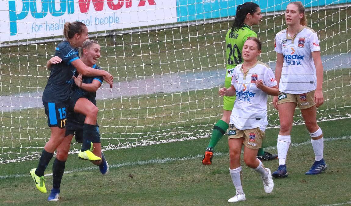 SUCCESS: Sydney FC players celebrate a goal during the W-League trial in Wagga in 2019. Picture: Les Smith