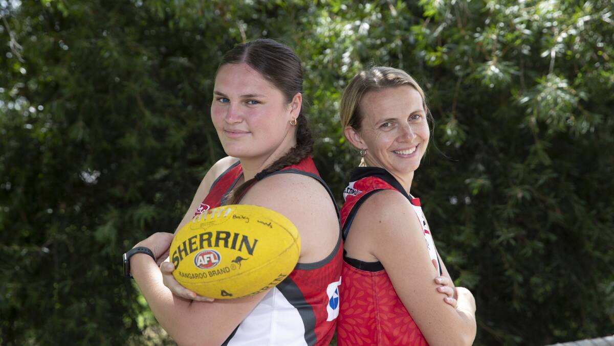 RIVALS: Wagga High School student Tayla Harmer (Collingullie-Glenfield Park) and teacher Susie Balchin (North Wagga) will clash in Friday's AFL Southern NSW Women's preliminary finals. Picture: Madeline Begley