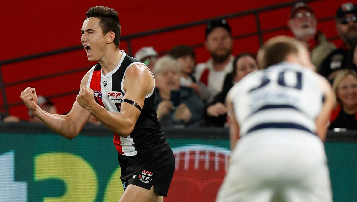 YOU BEAUTY: Leeton product Cooper Sharman celebrates after kicking a goal in St Kilda's win over Geelong last week. Picture: Getty Images