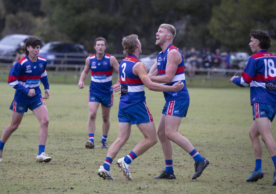 FORWARD MIX: Andrew Emery (right) celebrates a goal with Turvey Park skipper Jack Haggar during last week's win over Wagga Tigers. Picture: Madeline Begley 