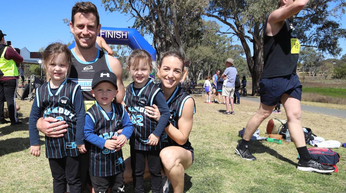 FIRST WIN: Jared Kahlefeldt with wife Dayna and children Cooper, 2, and twins Milla and Olivia, 4. Picture: Les Smith
