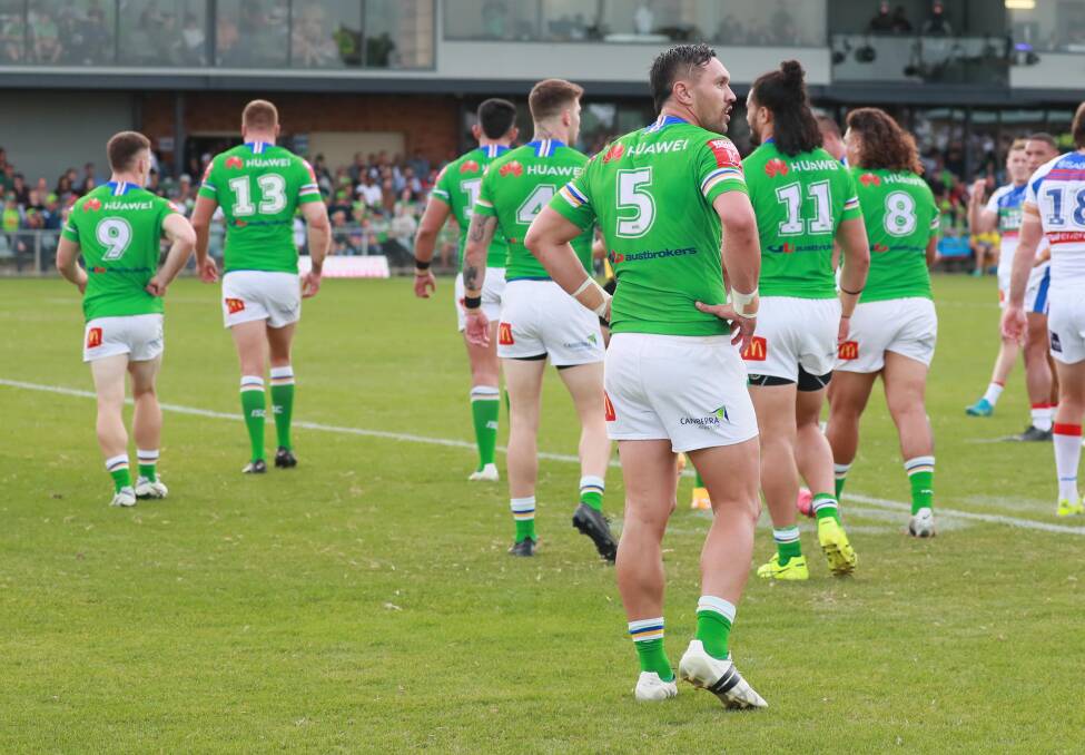 SHATTERED: The Raiders come to grips with a fifth straight defeat against Newcastle at Wagga on Saturday. Picture: Les Smith