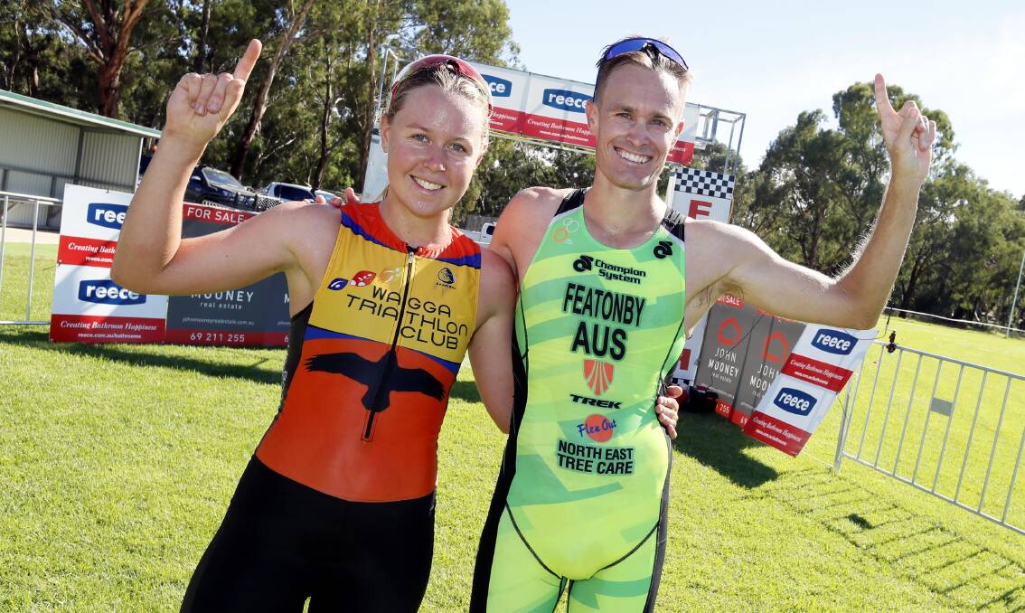 IN FORM: Annabel White with men's winner Jesse Featonby at last weekend's The Rock Triathlon. The Holbrook Triathlon will be held this Sunday. Picture: Les Smith