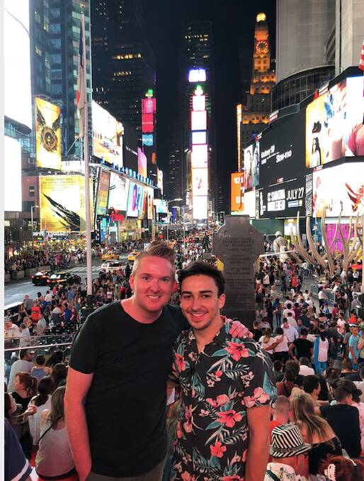 Brian Hodge and Trevor Bashein in Times Square.