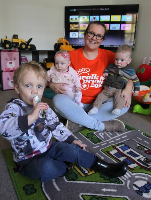 ONE STEP AT A TIME: Stacey Snow with twins Edie-Jayne and Tobias, seven months, and eldest son Corbin, 2, who are participating in the Walk for Prems. Picture: Les Smith
