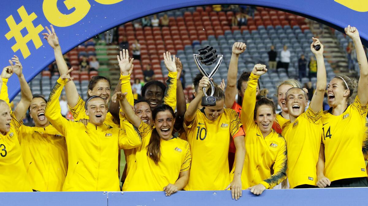 The Matildas celebrate their win over Chile.