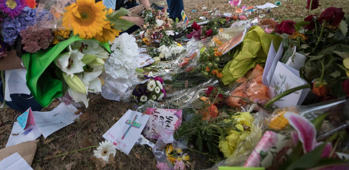 Tributes are laid after the shooting in Christchurch. Picture: Jason South
