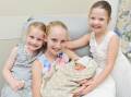 Louis Hutcheon was born on January 10 at Calvary Hospital and is the first child for Sara and Heath Hutcheon. Louis is pictured with aunts Maisy Daly, 4, Milla Daly, 11, and Mali Daly, 5.
