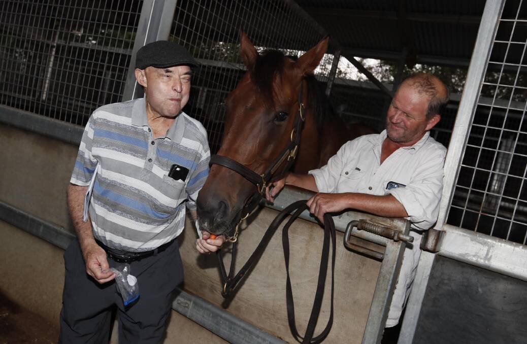 Part-owner Mick Rudd gives Landmine a carrot with trainer Chris Heywood on Friday. Picture: Les Smith