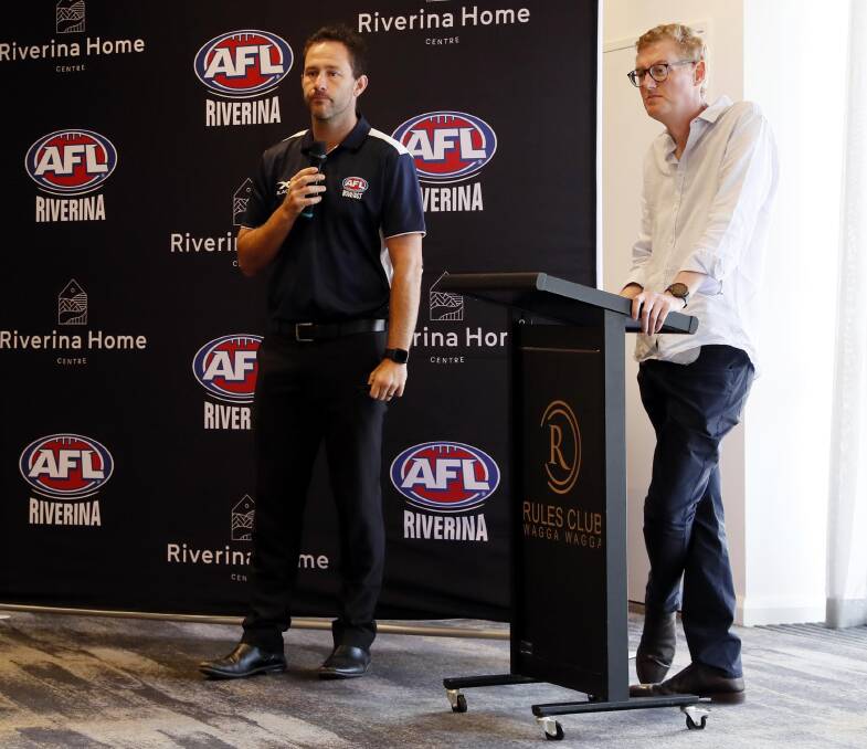 Marc Geppert and Michael Irons speak at AFL Riverina's launch on Wednesday. Picture: Les Smith