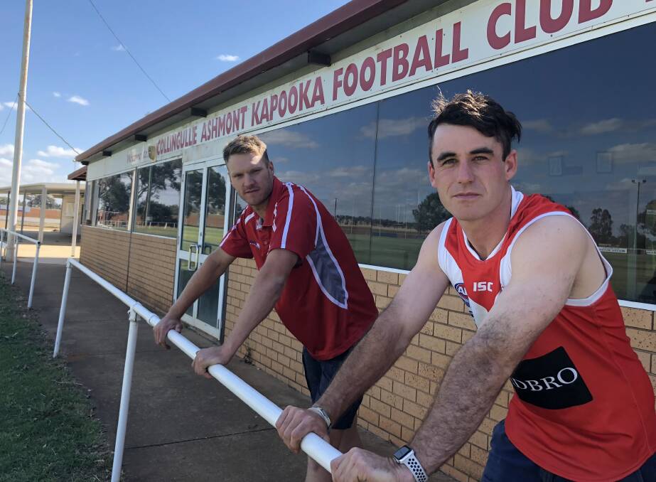 BEST MATES: New Collingullie-Glenfield Park recruit John Buchanan is welcomed to the club by coach and neighbour, Luke Gestier. Picture: Matt Malone